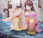  1girl bangs bare_legs bare_shoulders barefoot blurry blurry_background bow breasts brown_eyes brown_hair character_request cleavage collarbone commentary_request eyebrows_visible_through_hair feet full_body hair_bow highres indoors japanese_clothes kimono large_breasts legs lim_(ramu) long_sleeves looking_at_viewer obi off_shoulder on_table pink_bow pink_kimono sash smile snail solo table the_marvelous_snail toes wide_sleeves yellow_sash 