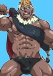  1boy abs armpit_hair armpits bara bare_pectorals biceps black_male_swimwear bulge carrying_over_shoulder cowboy_shot dark-skinned_male dark_skin erection erection_under_clothes fang fire_emblem fire_emblem_heroes flower flower_necklace helbindi_(fire_emblem) highres horns jewelry kirupi large_pectorals looking_at_viewer male_focus male_swimwear muscular muscular_male navel necklace nipples official_alternate_costume pectorals sash short_hair sideburns sidepec single_horn solo stomach swim_briefs thick_thighs thighs very_dark_skin 