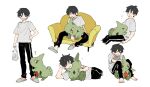  1boy arm_hug bag bangs barefoot black_eyes black_hair black_pants bubble closed_eyes commentary_request couch gen_2_pokemon grey_footwear highres holding holding_bag larvitar leg_hug lying male_focus multiple_views newo_(shinra-p) on_lap on_side pants pokemon pokemon_(creature) pokemon_on_lap shirt short_hair short_sleeves sitting slippers smile standing t-shirt toes 