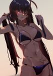  1girl antenna_hair bangs bikini blush breasts brown_hair collarbone cowboy_shot eyebrows_visible_through_hair girls&#039;_frontline hair_ribbon highres large_breasts long_hair looking_at_viewer m14_(girls_frontline) navel one_eye_closed ribbon solo swimsuit teeth very_long_hair warashi 