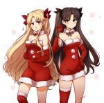  2girls absurdres ayanobro blonde_hair blush bow brown_hair elbow_gloves ereshkigal_(fate) fate/grand_order fate_(series) gloves highres ishtar_(fate) ishtar_(fate)_(all) long_hair multiple_girls red_eyes santa_costume siblings simple_background sisters thighhighs white_background 