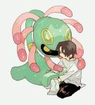  1boy bangs brown_hair brown_pants cleaning commentary_request cradily gen_3_pokemon grey_eyes holding holding_cloth holding_pokemon long_sleeves male_focus newo_(shinra-p) open_mouth pants pokemon pokemon_(creature) shiny shirt short_hair simple_background sitting socks white_background 