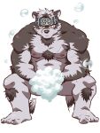  1boy ainu ainu_clothes animal_ears bara bathing bubble chest_hair completely_nude convenient_censoring full_body furry grey_fur grey_hair headband highres horkeu_kamui_(tokyo_houkago_summoners) kirupi large_pectorals male_focus muscular muscular_male nipples nude pectorals short_hair silver_hair sitting solo tail tokyo_houkago_summoners two-tone_fur washing wet white_fur wolf_boy wolf_ears wolf_tail yellow_eyes 