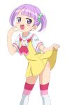  1girl :d bangs blunt_bangs blush_stickers contrapposto dress eyebrows_visible_through_hair hair_ornament hair_scrunchie hand_up looking_at_viewer manaka_non neckerchief open_mouth pink_neckwear pretty_(series) pripara purple_eyes sailor_dress scrunchie short_hair simple_background sincos smile solo standing thighhighs twintails white_background yellow_dress 