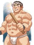  1boy abs alternate_costume bara belly blush bulge character_request drumsticks facial_hair fireworks fundoshi highres japanese_clothes kirupi large_pectorals looking_at_viewer male_focus mature_male muscular muscular_male navel navel_hair nipples pectorals plump see-through short_hair sideburns solo stomach stubble sweat thick_eyebrows thick_thighs thighs tokyo_houkago_summoners underwear underwear_only wet_male_underwear white_male_underwear 