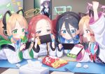  5girls :d angry animal_ears arisu_(blue_archive) arm_up bag_of_chips bangs black_hair black_hairband black_vest blonde_hair blue_archive blue_bow blue_eyes blue_neckwear blush bow brown_hair cat_ear_headphones cat_ears chips closed_mouth collared_shirt commentary_request covered_mouth eyebrows_visible_through_hair fake_animal_ears food food_in_mouth forehead game_console green_eyes hair_between_eyes hair_bow hairband halo hands_up headphones holding jacket kokone_(coconeeeco) long_sleeves midori_(blue_archive) momoi_(blue_archive) multiple_girls necktie nintendo_switch open_mouth opening_door potato_chips purple_eyes purple_hair red_bow school_uniform shirt siblings smile tissue_box twins two_side_up used_tissue vest white_jacket white_shirt wide_sleeves yuuka_(blue_archive) yuzu_(blue_archive) 