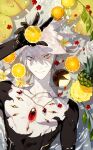  1boy absurdres arm_up fate/apocrypha fate/extra fate/grand_order fate_(series) flower food fruit gem grey_hair hair_between_eyes highres jewelry karna_(fate) leaf lily_pad male_focus necklace orange_(food) orange_slice pineapple pineapple_slice semi_finalfight shadow short_hair solo upper_body white_flower 