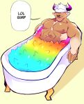  1boy abs animal_ears bara bathtub brown_fur chest_hair completely_nude cow_ears cow_horns english_text furry gameplay_mechanics headband highres horns large_pectorals lgbt_pride lisuchi looking_at_viewer male_focus meme minotaur muscular muscular_male navel nipples nude one_eye_closed pectorals purple_eyes purple_horns rainbow_gradient shennong_(tokyo_houkago_summoners) short_hair smile solo sparkle stomach tokyo_houkago_summoners white_hair 