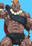  1boy abs armpit_hair armpits bara bare_pectorals biceps black_male_swimwear bulge carrying_over_shoulder cowboy_shot dark-skinned_male dark_skin erection erection_under_clothes fang fire_emblem fire_emblem_heroes flower flower_necklace helbindi_(fire_emblem) highres horns jewelry kirupi large_pectorals looking_at_viewer male_focus male_swimwear muscular muscular_male navel necklace nipples official_alternate_costume pectorals sash short_hair sideburns sidepec single_horn solo stomach swim_briefs swimsuit thick_thighs thighs torn_clothes torn_swimsuit very_dark_skin 
