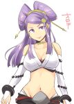  1girl bare_shoulders beads bracelet breasts choker comb double_bun earrings fire_emblem fire_emblem_fates hair_ornament jewelry large_breasts lips looking_at_viewer midriff navel orochi_(fire_emblem) purple_eyes purple_hair shougayaki_(kabayaki_3) simple_background upper_body white_background 