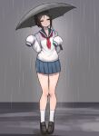  1girl black_hair bow closed_eyes closed_mouth donburi_(donburikazoku) full_body hair_bow holding holding_umbrella oura_kanako ponytail rain sayonara_zetsubou_sensei school_uniform serafuku skirt sleeves_past_fingers sleeves_past_wrists smile socks solo umbrella waving 