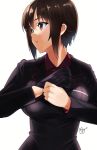  1girl adjusting_clothes artist_name bangs black_gloves black_jacket brown_eyes brown_hair commentary dress_shirt girls_und_panzer gloves jacket kuromorimine_military_uniform long_sleeves looking_to_the_side military military_uniform nishizumi_maho parted_lips putting_on_gloves red_shirt saikawa_yusa shirt short_hair signature simple_background solo uniform upper_body white_background wing_collar 