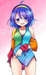  1girl blue_eyes blue_hair breasts dress highres medium_breasts multicolored multicolored_clothes multicolored_dress multicolored_hairband patchwork_clothes pote_(ptkan) rainbow rainbow_gradient short_hair solo tenkyuu_chimata touhou two-sided_fabric v-shaped_eyebrows 
