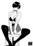  1girl absurdres bra chair choker earrings greyscale highres holding jewelry monochrome norman_maggot office_lady olive_laurentia open_clothes open_shirt original shirt short_hair simple_background sitting skirt solo spread_legs thighhighs unbuttoned unbuttoned_shirt underwear white_background 