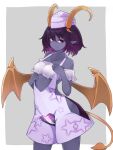  1girl backless_dress backless_outfit bangs bare_shoulders breasts collarbone colored_skin commentary commission cowboy_shot crotch_cutout demon_girl demon_horns demon_tail demon_wings dress grey_background grey_skin hair_between_eyes hat highres hip_vent horns looking_at_viewer multiple_horns original pointy_ears purple_eyes purple_hair revealing_clothes short_hair simple_background skeb_commission small_breasts smile solo star_(symbol) star_print tail white_dress wings yonaga 