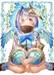  1girl absurdres amane_kanata armband bangs blue_bow blue_flower blue_hair blue_neckwear blush bow bowtie commentary_request detached_wings eyebrows_visible_through_hair eyes_visible_through_hair feet_out_of_frame flower hair_over_one_eye halo highres hololive long_sleeves looking_at_viewer multicolored_hair pink_hair plaid plaid_legwear purple_eyes rin31153336 shirt sitting socks solo star_halo streaked_hair turtleneck virtual_youtuber wariza white_hair white_shirt wide_sleeves wings 