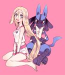  1girl :d amezawa_koma bare_shoulders barefoot between_legs blonde_hair brushing_another&#039;s_hair commentary_request dolphin_shorts gen_4_pokemon grey_eyes hair_between_eyes hand_between_legs korrina_(pokemon) long_hair looking_at_viewer lucario open_mouth pink_background pokemon pokemon_(anime) pokemon_xy_(anime) shirt shorts simple_background sitting smile very_long_hair wariza white_shirt white_shorts wristband 