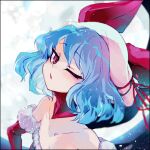  1girl ;/ bat_wings blue_hair bow breasts cleavage collarbone detached_sleeves dress hat hat_bow hat_ribbon heart ifelt_(tamaki_zutama) moon one_eye_closed outdoors parted_lips pink_dress pink_headwear red_bow red_dress red_eyes remilia_scarlet ribbon small_breasts touhou wings 