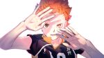  1boy arms_up brown_eyes haikyuu!! highres hinata_shouyou looking_at_viewer male_focus open_mouth orange_hair re_it0 shaded_face short_hair signature simple_background solo sportswear teeth twitter_username upper_body volleyball_uniform white_background 