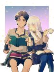  1boy 1girl absurdres bangs book brown_hair cookie cup cyril_(fire_emblem) fire_emblem fire_emblem:_three_houses food highres holding holding_book long_hair lysithea_von_ordelia nishimura_(nianiamu) reading simple_background teacup white_hair 