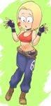  1girl alternate_hair_length alternate_hairstyle belt blonde_hair blue_mary blue_mary_(cosplay) blue_pants cosplay fatal_fury fingerless_gloves full_body gloves highres kaze_fukeba_nanashi leni_loud loose_belt open_mouth pants short_hair solo the_king_of_fighters the_loud_house 