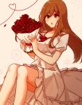  1girl absurdres ayanobro blush bouquet brown_eyes brown_hair dress flower hair_ornament heart highres kagerou_project long_hair open_mouth rose tateyama_ayano 