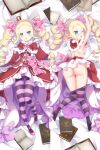  1girl areolae artist_request ass beatrice_(re:zero) black_legwear blonde_hair blue_eyes book capelet clothes_pull crown dakimakura_(medium) dress flat_chest frilled_dress frilled_sleeves frills from_behind fur-trimmed_capelet fur_trim hair_ribbon highres layered_clothing layered_dress lying mini_crown nipples on_back pantyhose pantyhose_pull partially_visible_vulva pink_footwear pink_legwear pussy re:zero_kara_hajimeru_isekai_seikatsu red_dress ribbon shoes source_request striped striped_legwear symbol-shaped_pupils twintails white_trim 