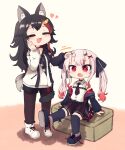  2girls :d ^_^ animal_ears black_hair blush chibi closed_eyes fang full_body headpat highres hololive horns multiple_girls nakiri_ayame oni oni_horns ookami_mio open_mouth pantyhose sitting smile tail tail_around_leg tail_wrap thighhighs tonton_(tonz159) twintails virtual_youtuber wolf_ears wolf_girl wolf_tail 