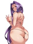  1girl absurdres ass back bangs bare_shoulders bikini black_bikini blush breasts facial_mark fate/stay_night fate_(series) forehead forehead_mark fromgod_jungle highres large_breasts long_hair looking_at_viewer looking_back medusa_(fate) medusa_(rider)_(fate) open_mouth parted_bangs purple_eyes purple_hair sidelocks solo string_bikini swimsuit thighs thong_bikini very_long_hair 