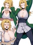  1girl alcohol angry arm_behind_head black_pants blonde_hair blush breast_rest breasts choko_(cup) cleavage cup curvy desk drunk forehead_jewel green_jacket highres jacket japanese_clothes kimono large_breasts long_hair multiple_views naruto naruto_(series) pants red_nails sake shimure_(460) simple_background table tsunade white_background 
