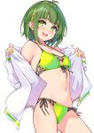  1girl :d antenna_hair bare_shoulders bikini breasts cowboy_shot cu-no front-tie_bikini front-tie_top green_bikini green_eyes green_hair hair_ornament halterneck hisen_kaede jacket jewelry looking_at_viewer navel necklace nonono_futaba off_shoulder open_clothes open_jacket open_mouth short_hair side-tie_bikini sidelocks simple_background small_breasts smile solo standing stomach string_bikini swimsuit thighs white_background white_jacket x_hair_ornament 