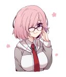  1girl ayanobro blush breasts fate/grand_order fate_(series) glasses hair_over_one_eye hand_on_own_face highres large_breasts mash_kyrielight necktie pink_hair purple_eyes short_hair simple_background smile white_background 