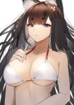  1girl absurdres amagi_(azur_lane) animal_ear_fluff animal_ears azur_lane bangs bare_shoulders bikini blunt_bangs breasts brown_hair cleavage closed_mouth collarbone commentary english_commentary expressionless eyebrows_visible_through_hair eyeshadow fox_ears hand_on_own_chest highres large_breasts long_hair looking_at_viewer lordol makeup purple_eyes simple_background solo swimsuit upper_body very_long_hair white_background white_bikini 