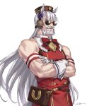  1boy animal_ears armband bangs bare_shoulders beard blunt_bangs bow crossed_arms facial_hair genderswap genderswap_(ftm) gloves gold_ship_(umamusume) hat horse_boy korean_commentary kws long_hair male_focus manly mixed-language_commentary muscular muscular_male pillbox_hat red_bow red_neckwear signature silver_hair simple_background solo sunglasses umamusume upper_body white_background white_gloves 