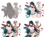  2girls absurdres arknights armpit_crease bare_shoulders beads black_hair bracelet breasts cleavage cleavage_cutout closed_fan clothing_cutout colored_skin detached_sleeves dragon_girl dragon_horns dragon_tail dusk_(arknights) earrings eyeshadow fan flat_color folding_fan gradient green_hair green_horns green_skin grey_hair greyscale hair_ornament hairpin high_heels highres holding holding_fan holding_sword holding_weapon horns jewelry lan_xiezi light_purple_eyes long_hair looking_back makeup medium_hair monochrome multicolored multicolored_hair multiple_girls nian_(arknights) paper_fan parted_lips pointy_ears prayer_beads purple_eyes red_eyeshadow red_hair red_neckwear red_skin reverse_grip signature simple_background standing streaked_hair sword tail tongue tongue_out torn torn_clothes turtleneck weapon white_footwear 