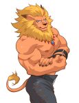  1boy animal_ears bara biceps black_pants blonde_hair blue_eyes brown_fur denim digimon digimon_(creature) earrings flexing from_side furry highres jeans jewelry kirupi leomon lion_boy lion_ears looking_at_viewer male_focus muscular muscular_male nipples pants pectorals pose shirtless short_hair solo 