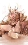  1girl bangs bar_censor bird_legs blush breasts brown_eyes brown_wings censored clenched_teeth commentary_request dated egg egg_laying elil_(granblue_fantasy) feathered_wings foot_out_of_frame granblue_fantasy hair_over_one_eye harpy heart highres long_hair looking_at_viewer lunaraven medium_breasts monster_girl nipples pussy signature solo talons teeth white_hair wings 