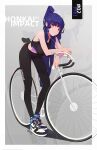  1girl absurdres alternate_eye_color bicycle black_hair black_pants black_shirt breasts earphones full_body ground_vehicle hair_between_eyes heitian_keji highres honkai_(series) honkai_impact_3rd leggings looking_at_viewer pants ponytail purple_eyes raiden_mei shirt shoes simple_background sleeveless smile sneakers solo 