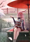  1girl absurdres animal_ears bridge cherry_blossoms closed_mouth feet fox_ears hair_between_eyes hand_up highres honkai_(series) honkai_impact_3rd huge_filesize legs long_hair oil-paper_umbrella open_mouth outdoors petals petals_on_liquid pink_hair purple_eyes river scenery sitting sitting_on_floor soaking_feet solo teeth tree tree_branch umbrella water yae_sakura yae_sakura_(gyakushinn_miko) yakushi9kv 