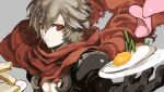  1boy absurdres armor assassin_cross_(ragnarok_online) bangs black_gloves black_shirt bread closed_mouth commentary_request eyebrows_visible_through_hair food fried_egg gloves grey_hair hair_between_eyes highres holding holding_plate jakushou_archer looking_at_viewer male_focus meat open_clothes open_shirt pauldrons plate ragnarok_online red_eyes red_scarf scarf shirt short_hair shoulder_armor shy_(ragnarok_online) solo torn_scarf upper_body 