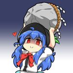  1girl bangs black_headwear blue_hair bow bowtie closed_mouth english_commentary gradient gradient_background heart hinanawi_tenshi holding keystone leaf long_hair looking_at_viewer rakkidei red_bow red_eyes red_hair red_neckwear rope shaded_face shide shimenawa short_sleeves smile solo touhou upper_body 
