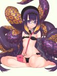  1girl bangs beret bikini black_bikini black_headwear blue_eyes blunt_bangs breasts closed_mouth commentary_request eyebrows_visible_through_hair glasses hat highres hololive hololive_english long_hair looking_at_viewer ninomae_ina&#039;nis purple_hair simple_background small_breasts smile solo swimsuit tentacle_hair tentacles virtual_youtuber waterring 