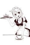  1girl apron blush boa_(brianoa) breasts cake character_request copyright_request food frills greyscale heart highres looking_at_viewer maid maid_apron maid_headdress monochrome open_mouth short_hair smile solo 