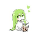  1other androgynous ayanobro blush bubble_tea chibi drinking_straw enkidu_(fate) fate/grand_order fate_(series) green_eyes green_hair heart highres long_hair robe simple_background solo very_long_hair white_background white_robe 