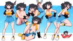  1girl belt black_eyes black_hair black_legwear black_nails blue_shorts breasts cleavage clothes_lift crab hands_up heart highres knees_up large_breasts legs_up long_hair lucia_(scott_malin) midriff multiple_views navel one_eye_closed original scott_malin shirt_lift shoes shorts sitting socks standing tank_top yellow_footwear yellow_tank_top 