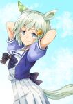  1girl animal_ears arms_behind_head blue_eyes bow hair_ornament hairclip horse_ears horse_tail pleated_skirt school_uniform seiun_sky_(umamusume) silver_hair skirt smile tail tracen_school_uniform umamusume unya 