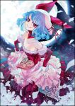  1girl bat_wings blue_hair bow breasts cleavage collarbone detached_sleeves dress hat hat_bow hat_ribbon heart ifelt_(tamaki_zutama) moon outdoors pink_dress pink_headwear red_bow red_dress red_eyes remilia_scarlet ribbon small_breasts touhou wings 