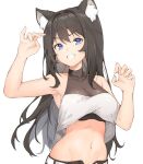  1girl absurdres animal_ear_fluff animal_ears arm_up armpits bare_arms bare_shoulders belt black_hair blue_eyes breasts cat_ears claw_pose collarbone crop_top crop_top_overhang grin hand_up highres kiro_(kirotayu) large_breasts long_hair looking_at_viewer midriff navel open_fly original shirt simple_background sleeveless sleeveless_shirt smile solo stomach upper_body v-shaped_eyebrows white_background white_shirt 