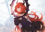  1girl arknights collar demon_girl demon_horns dress highres horns kneehighs long_hair looking_at_viewer pout purple_eyes red_hair solo spiked_collar spikes surtr_(arknights) yan_er10 