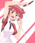  1girl :d blush collared_shirt flying_sweatdrops hand_up headband highres holding looking_at_viewer open_mouth paddle raglan_sleeves red_eyes red_hair shakunetsu_no_takkyuu_musume shirt short_sleeves sincos smile solo sweat table_tennis_paddle tsumujikaze_koyori twintails upper_body white_shirt wing_collar wristband 